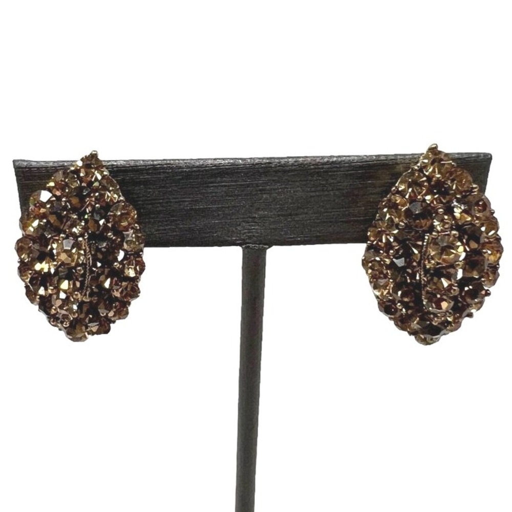 Vintage Clip On Earrings‎ Brown Golden Amber Crystals Marquise Shape